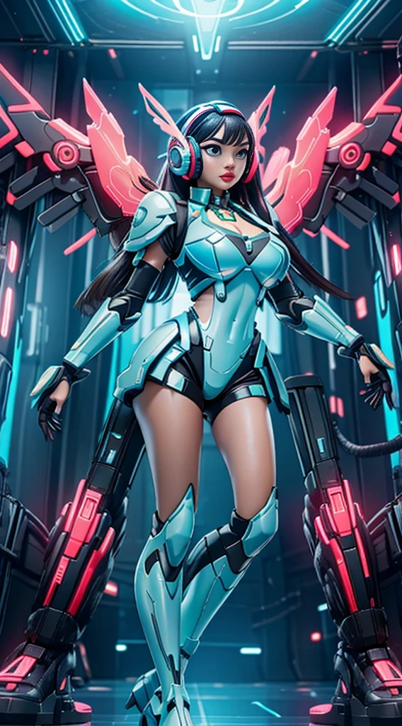 future, neon, tech Valkyrie, technology bodysuit,tech boots, tech gloves, tech headphones, cleavage, fullbody dynamic sexy pose, Tech futuristic armor.