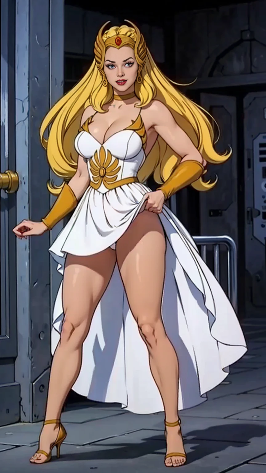 ((full body photo, standing, feet on the ground)) detailed photo of 1girl,
blonde, white dress, choker, she_ra, 
Dynamic pose,
smug smile,

tall , (muscular body:1.3), (femenine hands:1.3),

skindentation, narrow waist, thighs,, eyeliner, eyelashes, perfect face, detailed eyes, facial lighting, cleavage, sexy, skirt lift

looking at viewer (masterpiece, high quality:1.2)