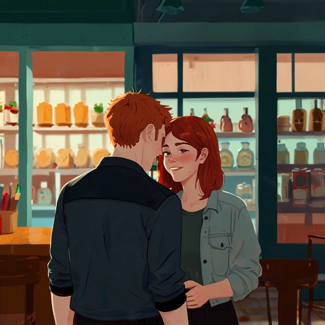 Meeting in a pizzeria with a couple in love. The man is redheaded with freckles and green eyes wearing a black leather jacket.. The woman has dark hair and honey eyes and is wearing a red shirt and black pants..