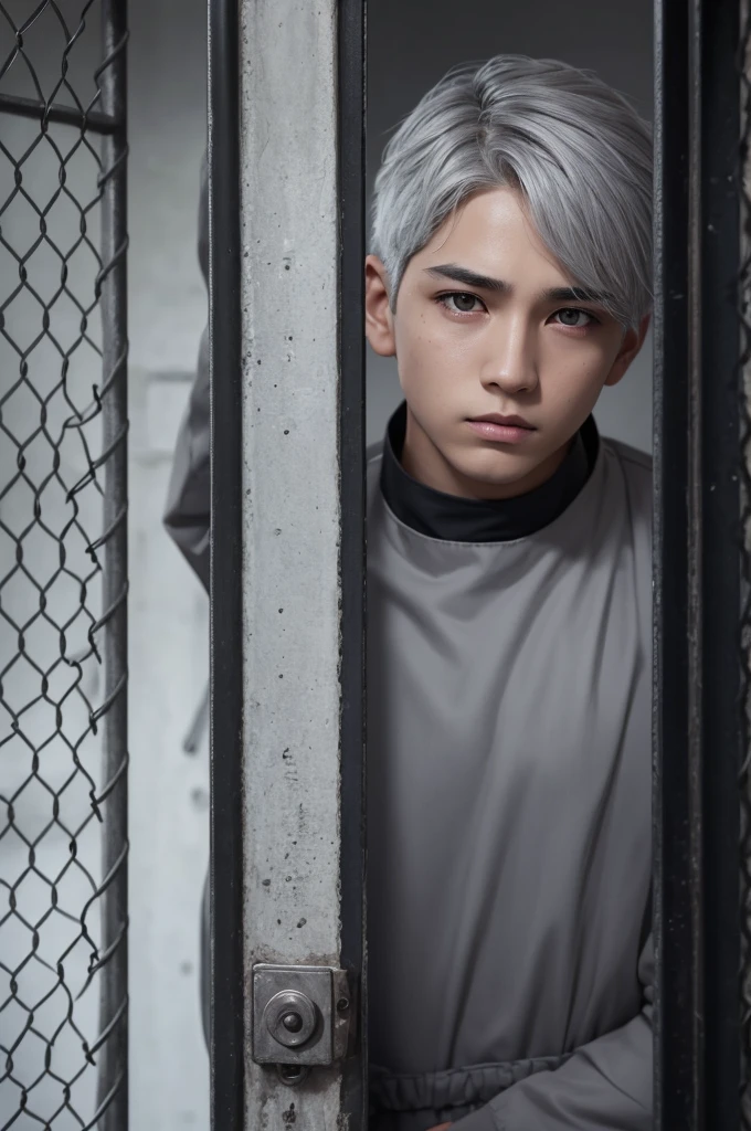 1 boy, with gray hair, and prison outfit with black eyes
