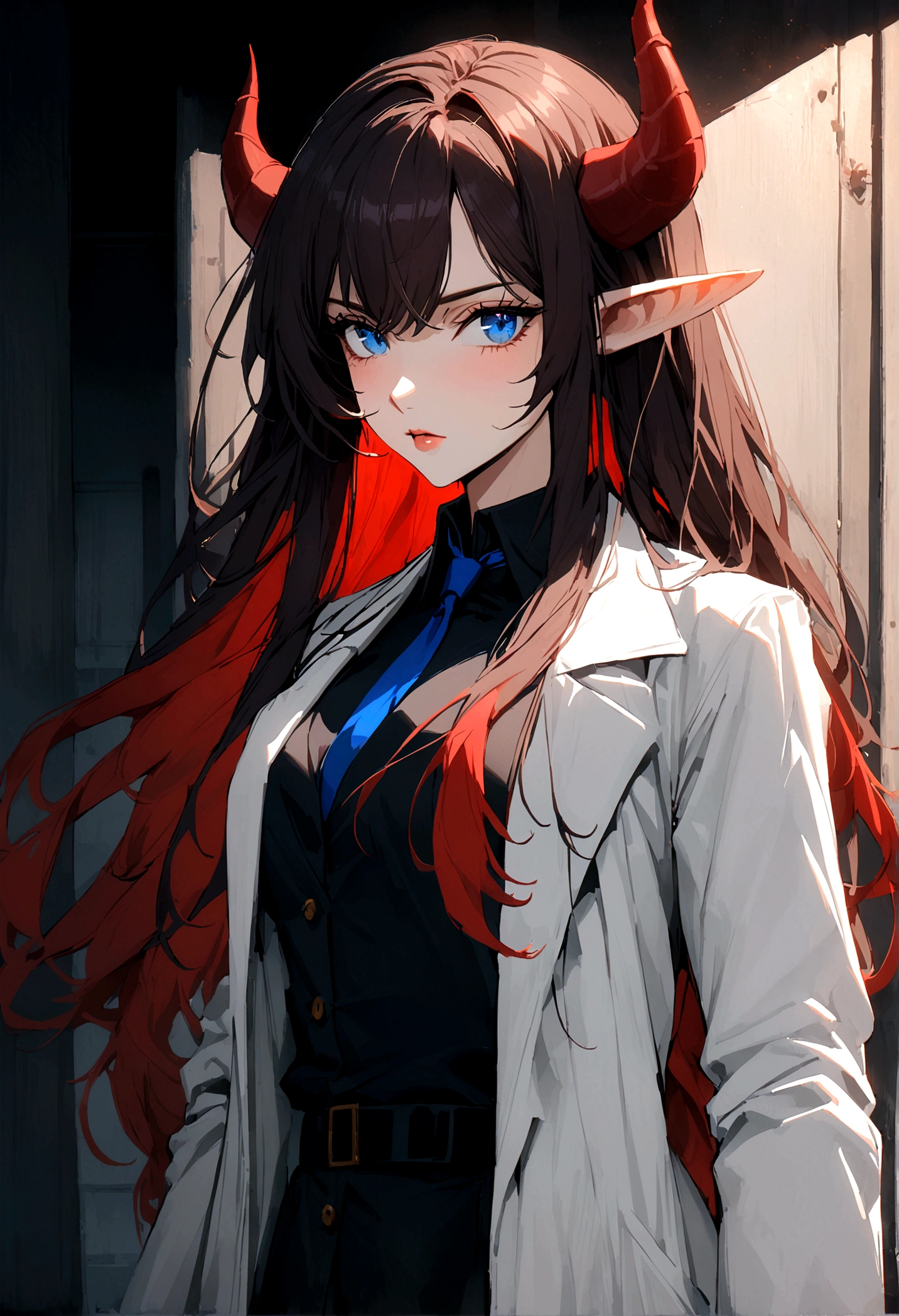 1dirl, white lab coat, lab coat, white glove, dark hair, red hair, long hair, blue Eyes, elf ears, demon horn