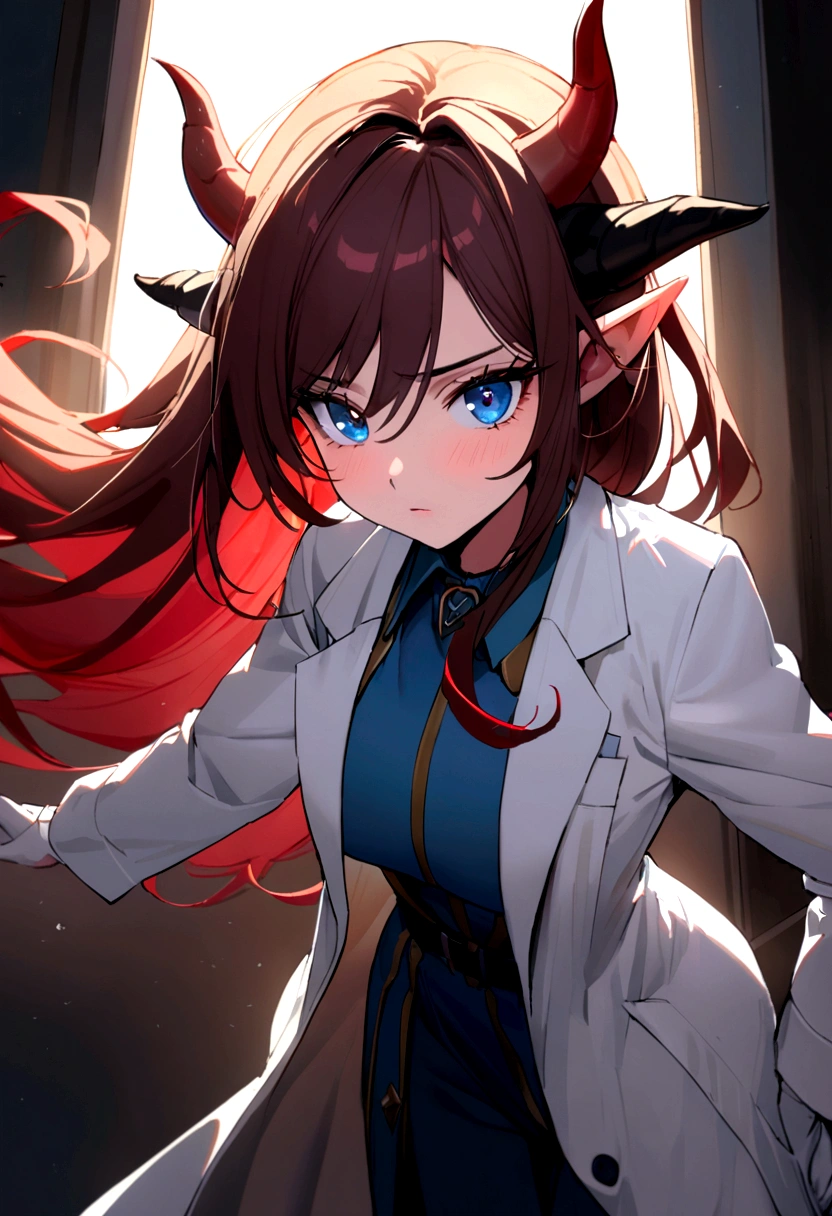1dirl, white lab coat, lab coat, white glove, dark hair, red hair, long hair, blue Eyes, elf ears, demon horn