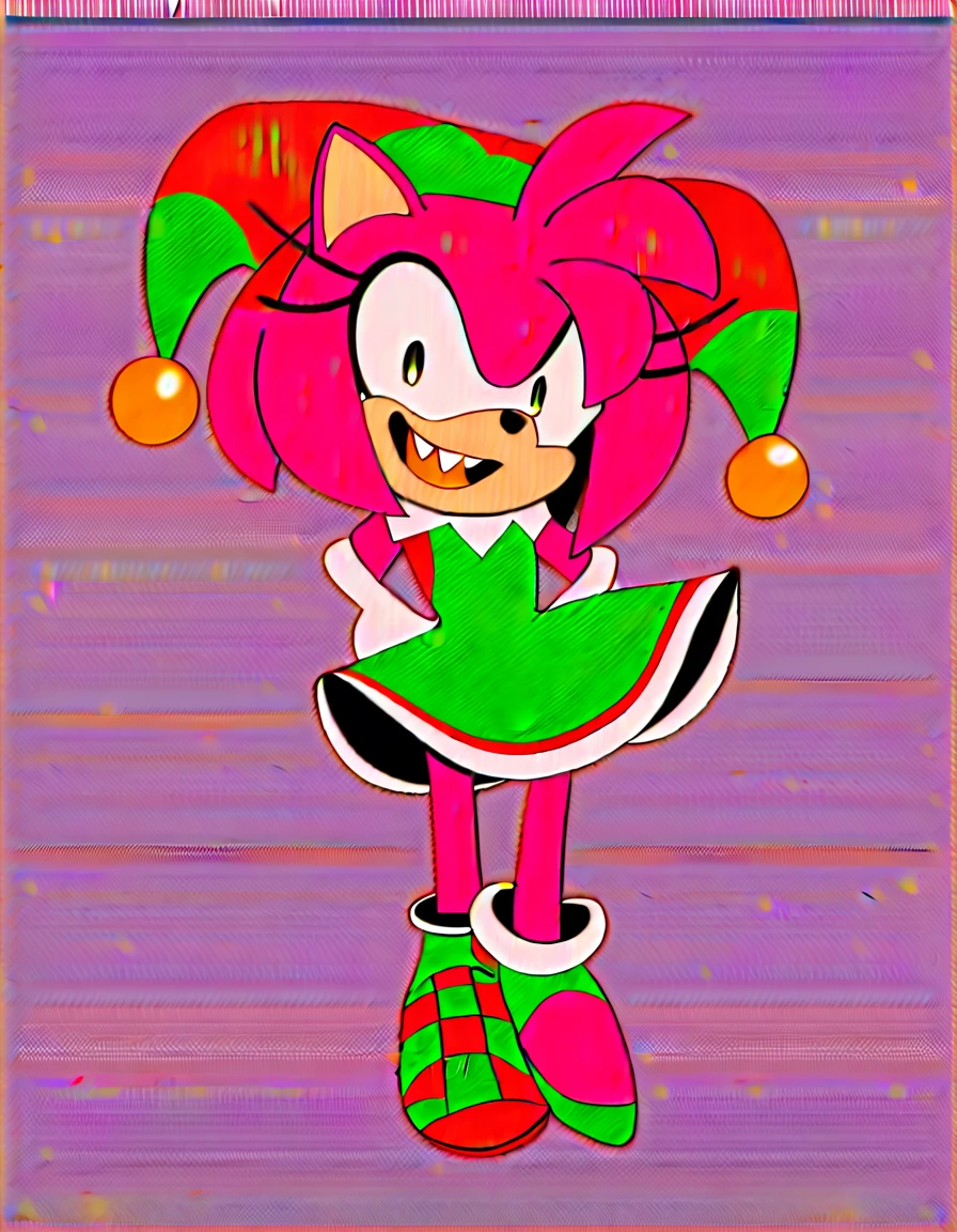 rosy_alt, solo, white gloves, 1girl, hat, full body, female focus, heart on dress, checkered background, pink jester cap, furry, hedgehog, pink fur, two tone fur, crazy black eyes, green headband, pink cheeks, blood on face, green and red jester dress, green skirt, red jester shoes, source, white painted face, amy_rose, huge yellow teeth, blakc pupils