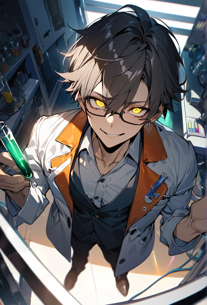 (masterpiece, best quality), detailed face, solo, 1man, messy short hair, bishounen, mad scientist, scientist coat, glasses, lens flare, maniacal smile, sharp eyes, glowing eyes, holding science test tube, perspective from above, in laboratory, dark shadows, contrast, science
