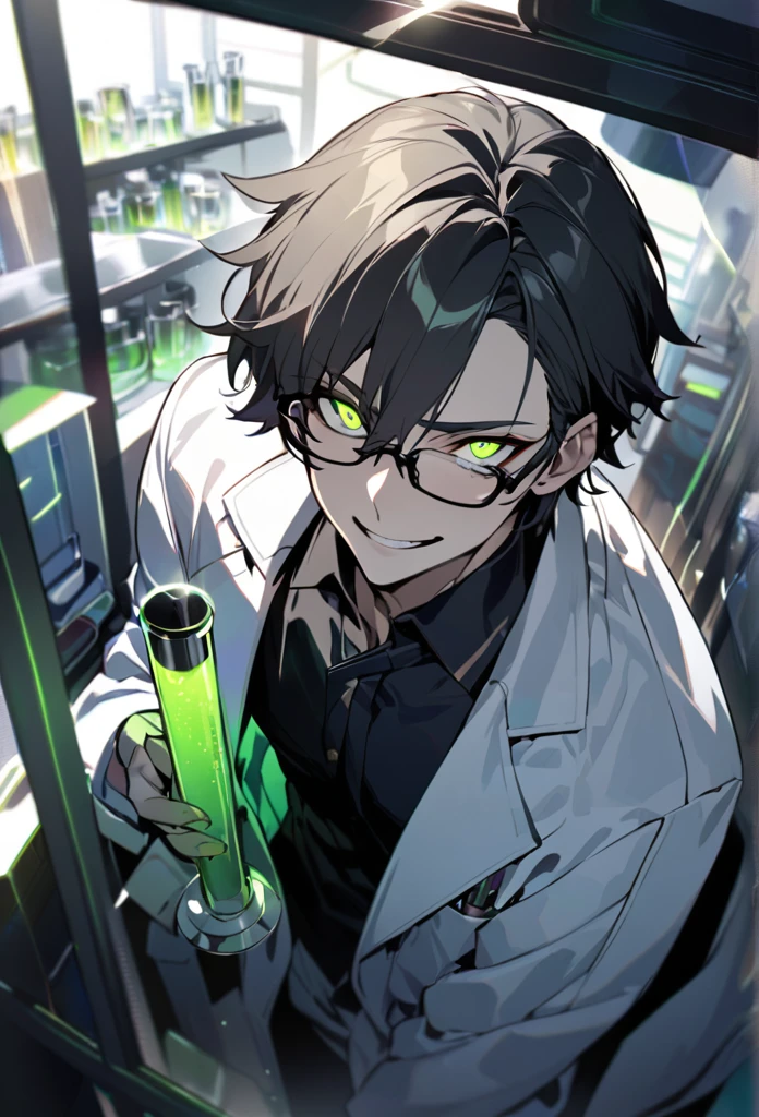 (masterpiece, best quality), detailed face, solo, 1man, messy short hair, bishounen, mad scientist, scientist coat, glasses, lens flare, maniacal smile, sharp eyes, glowing eyes, holding science test tube, perspective from above, in laboratory, dark shadows, contrast, science
