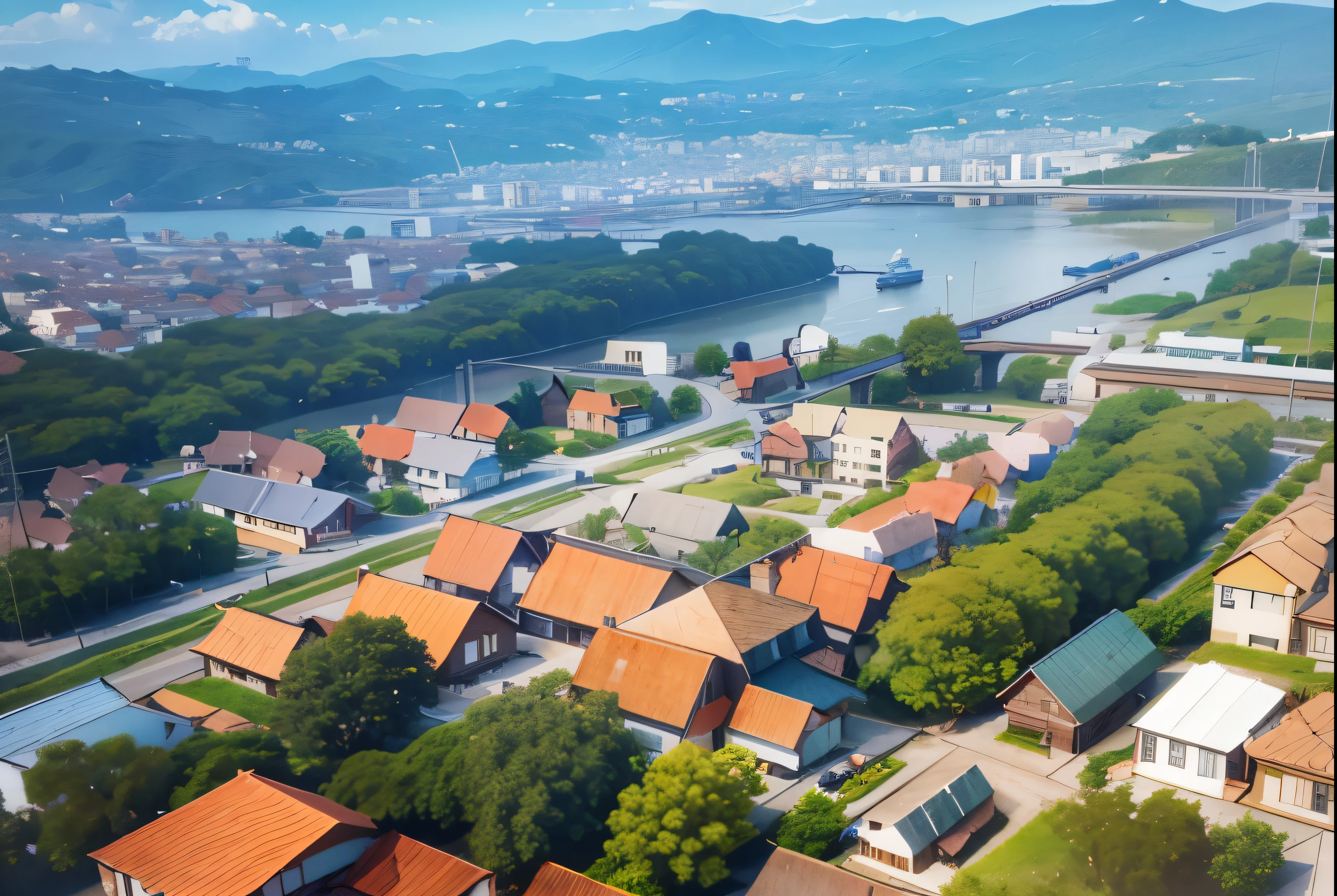 3D rendering, few houses, muito few houses cidade do interior, tiny city, retro city, small town, retro houses, Wood, city near a forest, beautiful city, panoramic tour of the city, tiny city e bonita, aerial view from above,