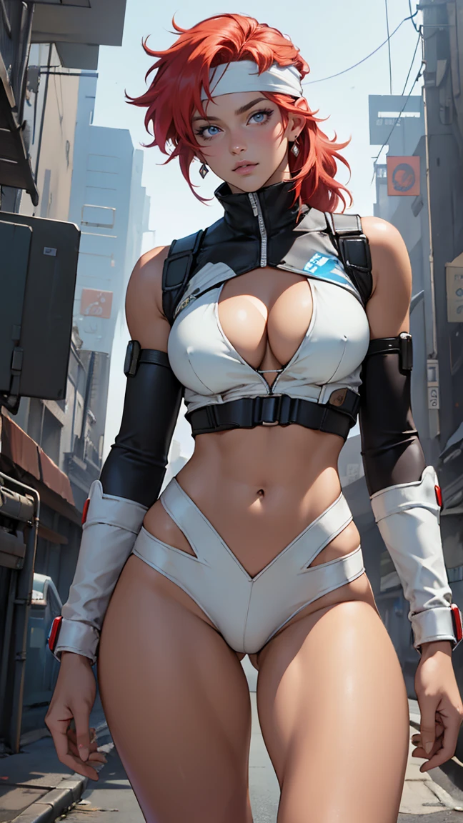 ((Masterpiece, highest quality; 1.3)), super quality, beautiful detail, super detailed, extra fine, 16K, exquisite, absurd, high resolution, beautiful background, detailed background, beautiful eyes, beautiful skin, anime style, Kay from Dirty Pair in a white outfit, tight outfit, cleavage, bushy redhead beauty, very light blue uniform, wearing tight clothes, skimpy, (mid chest: 1.2), cleavage, cleavage, slim waist , thin waist, slim thighs, thin legs, slim legs. thigh gap, showing stomach, skinny, thin hips, cyberpunk city background, holding retro space gun , headband,