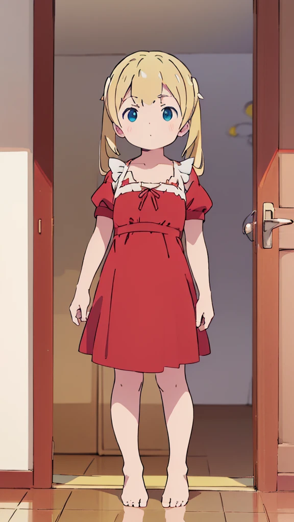 ((masterpiece))((Highest quality))Standing upright、Blonde、Long twin tails、(So that your whole body can be seen)、Directly in front、No background、(Put your feet on the ground)low length、、Flat Chest、Are thin、Red dress