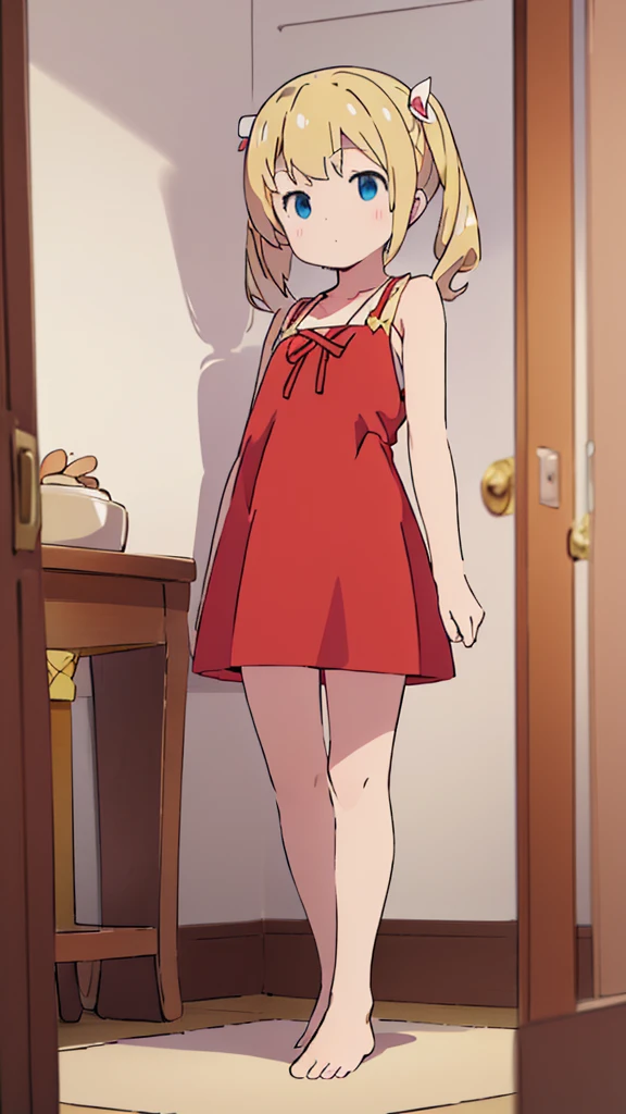 ((masterpiece))((Highest quality))Standing upright、Blonde、Long twin tails、(So that your whole body can be seen)、Directly in front、No background、(Put your feet on the ground)low length、、Flat Chest、Are thin、Red dress