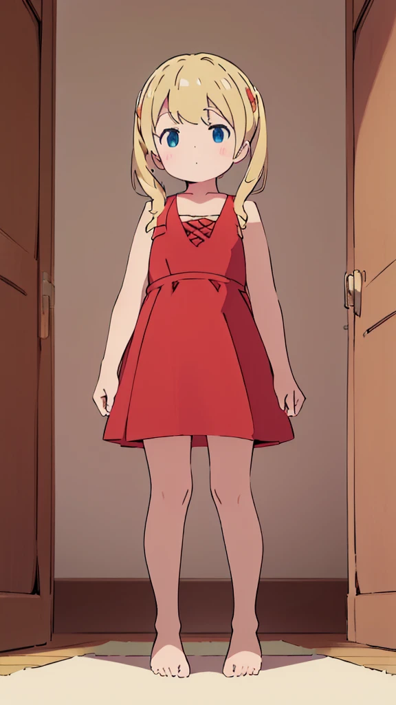 ((masterpiece))((Highest quality))Standing upright、Blonde、Long twin tails、(So that your whole body can be seen)、Directly in front、No background、(Put your feet on the ground)low length、、Flat Chest、Are thin、Red dress