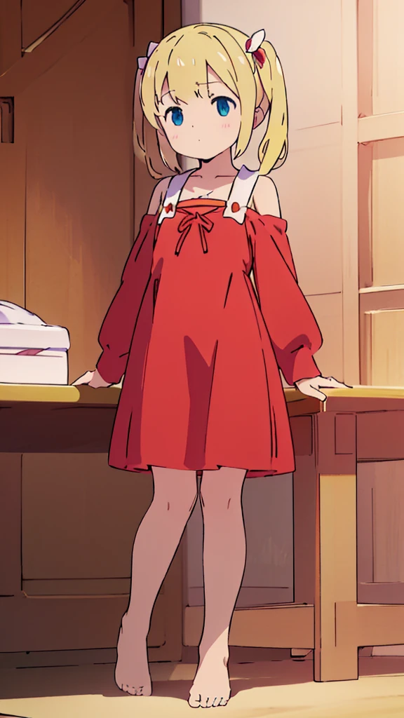 ((masterpiece))((Highest quality))Standing upright、Blonde、Long twin tails、(So that your whole body can be seen)、Directly in front、No background、(Put your feet on the ground)low length、、Flat Chest、Are thin、Red dress