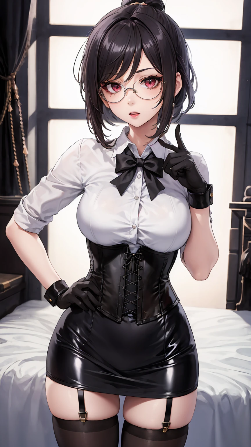 1 girl, Chiori \(genshin impact\), Alone, White collared shirt, black leather corset, black glove that covers your hands, shiny black tight mini skirt, shackles, glasses, looking at the viewer, hand on hip,, inside, depth of field, panting, expressionless