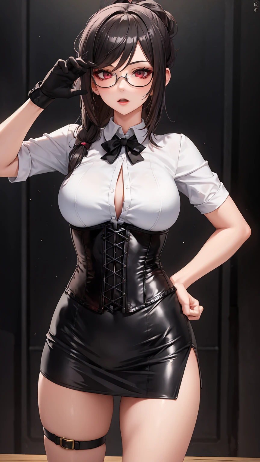 1 girl, Chiori \(genshin impact\), Alone, White collared shirt, black leather corset, black glove that covers your hands, shiny black tight mini skirt, shackles, glasses, looking at the viewer, hand on hip,, inside, depth of field, panting, expressionless