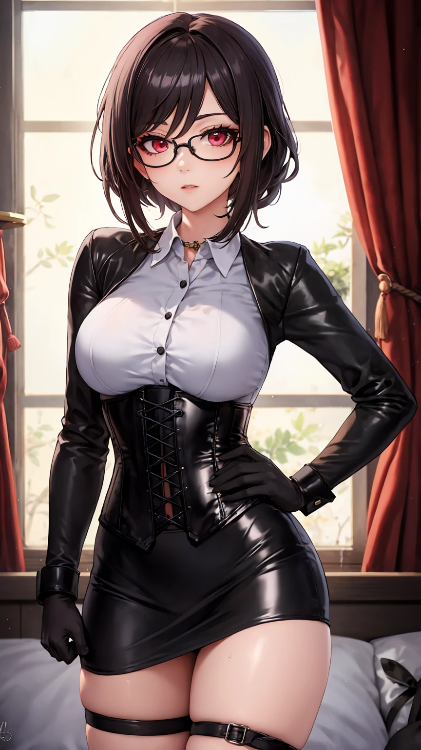 1 girl, Chiori \(genshin impact\), Alone, White collared shirt, black leather corset, black glove that covers your hands, shiny black tight mini skirt, shackles, glasses, looking at the viewer, hand on hip,, inside, depth of field, panting, expressionless