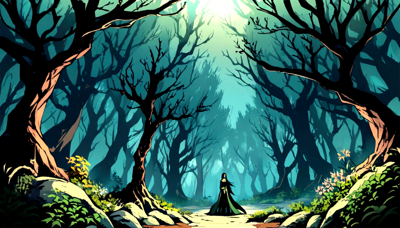 Create a ravine scenery in a dark place with the light of the moon, with dry, gnarled trees and dry, undergrowth, com seres das sombras