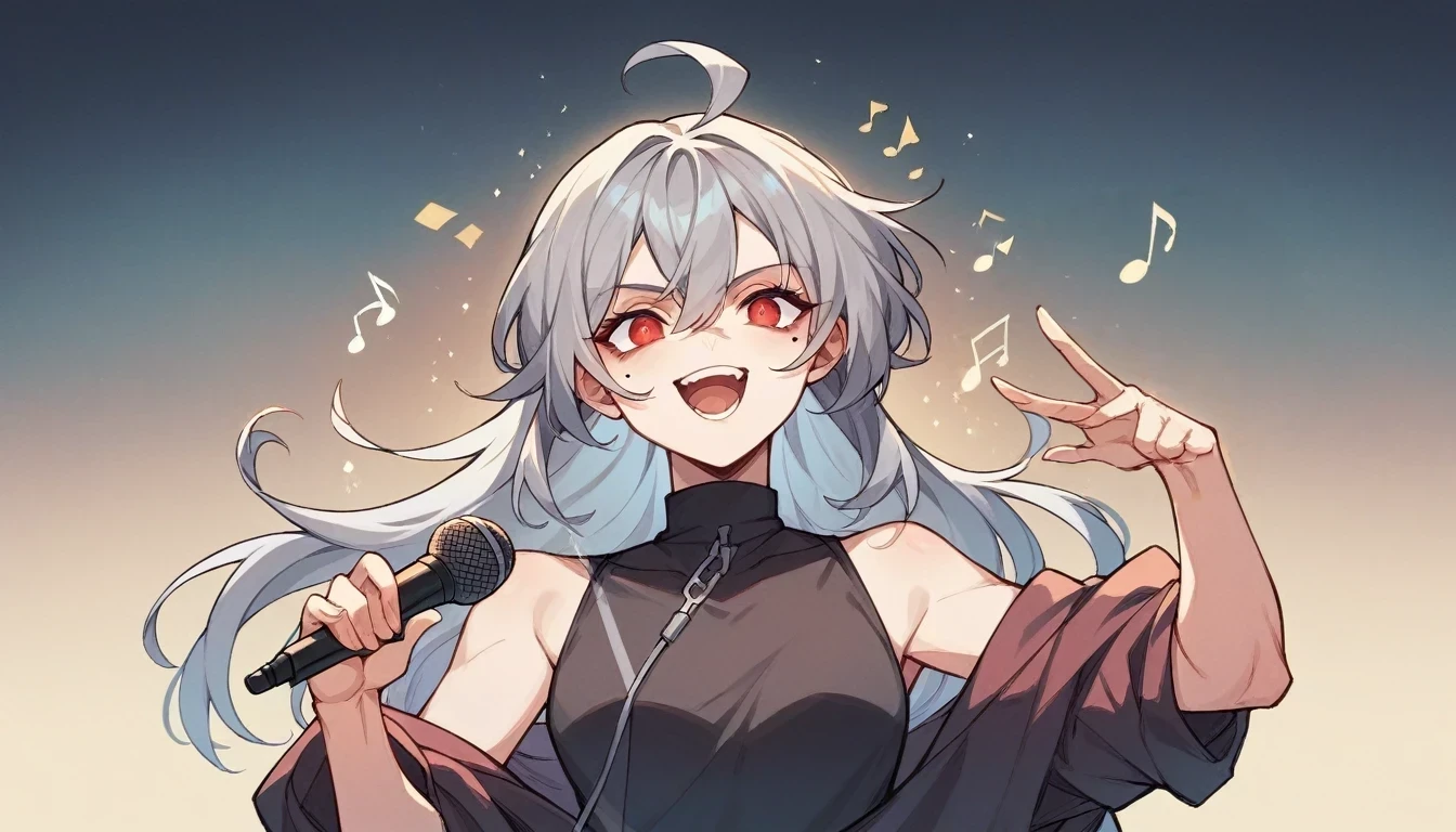 1 teen girl character。Full body portrait、gray hair color、Glowing red eyes、Long Hair、There is a mole under the left eye、Singing with a microphone、On a transparent background、Depict people only。