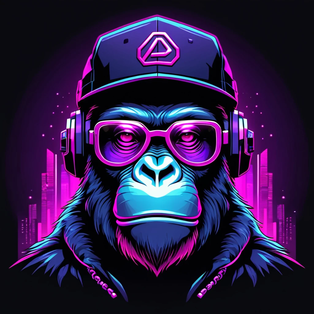 neonpunk style Ape head with textless cap and VR glasses, futuristic style, t-shirt design, flat colors, vector art, ((black background)) . cyberpunk, vaporwave, neon, vibes, vibrant, stunningly beautiful, crisp, detailed, sleek, ultramodern, magenta highlights, dark purple shadows, high contrast, cinematic, ultra detailed, intricate, professional