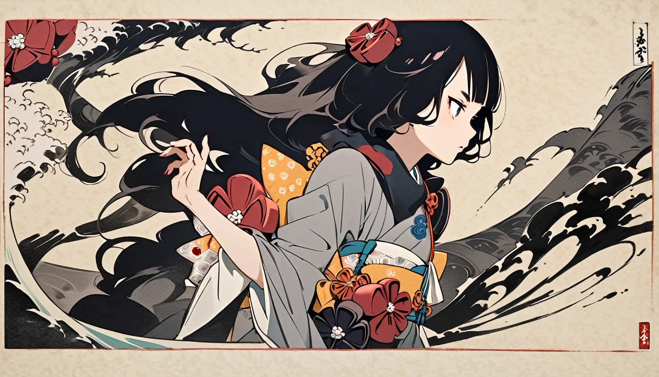 (((zombie))), (((Katsushika Hokusai))), (((Ink Painting))), ((very straight longhair)), ((1 girl)), ((beautiful girl)), Japanese style headphones, Black Hair, Delicate and precise, Modern ukiyo-e style, Attacking posture