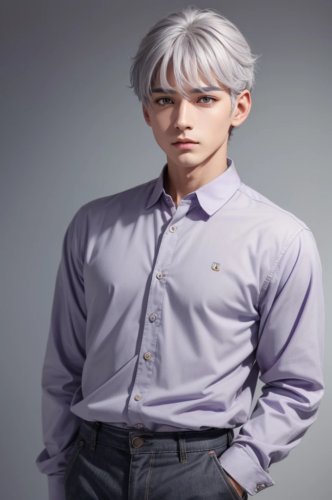 1 boy with gray hair purple eyes gray hair orange clothes