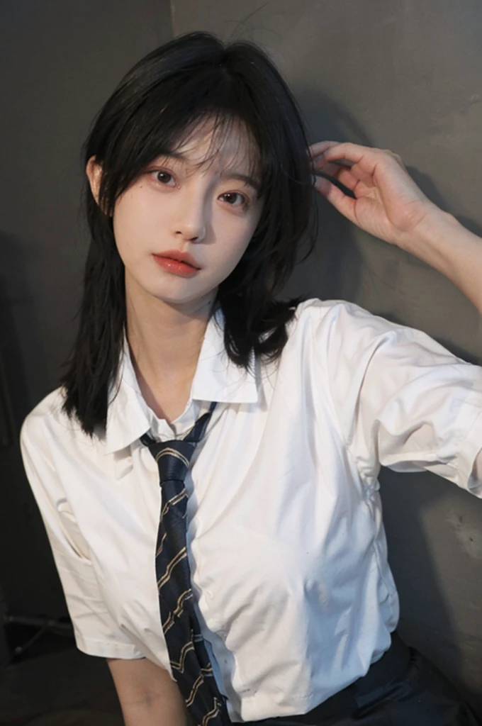 Best quality,masterpiece,ultra high res,(photorealistic:1.4),1girl,sexy,(shirt and tie:1.2),(large breast:1.3),(upper body:1.4)