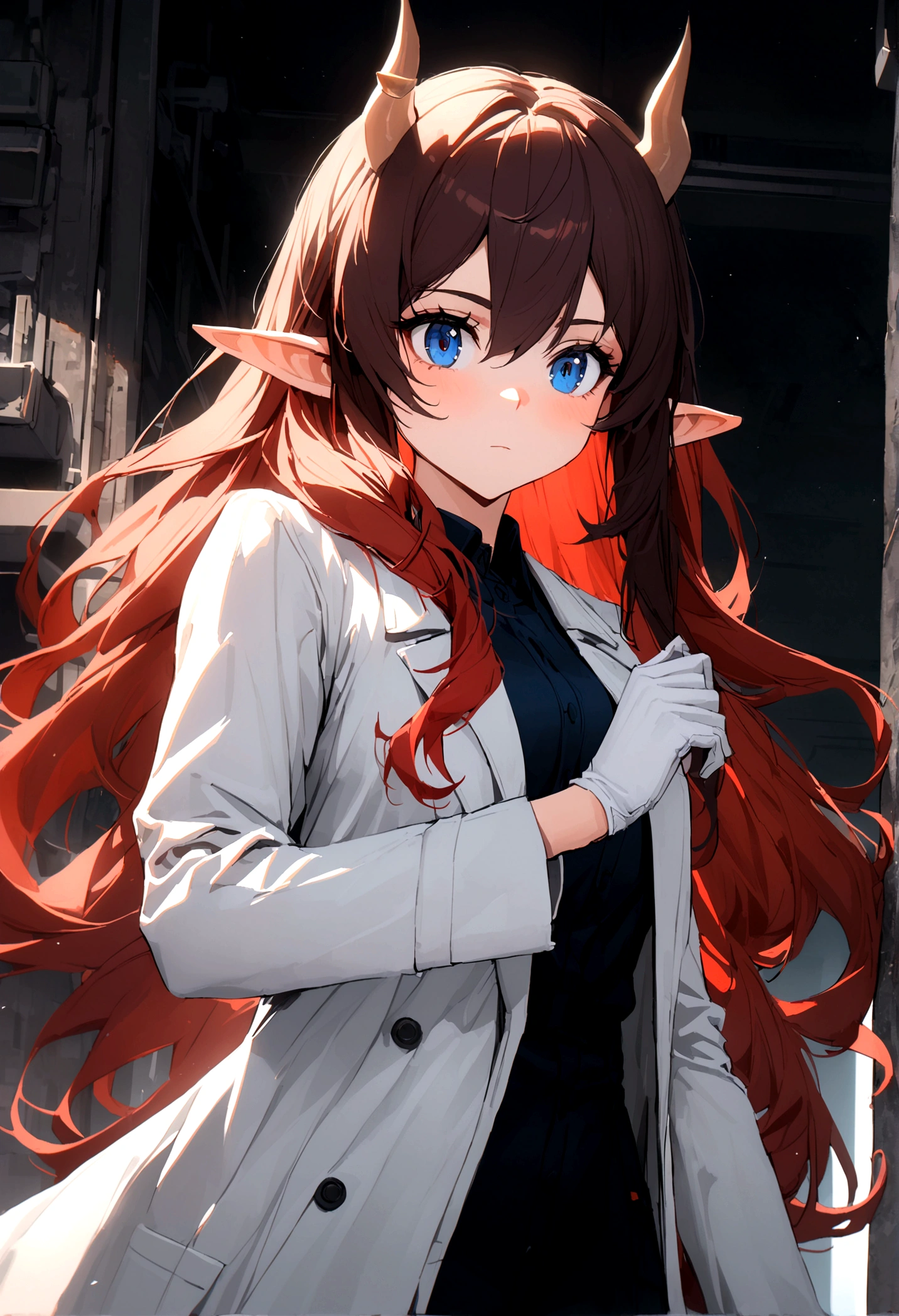 1dirl, white lab coat, lab coat, white glove, dark hair, red hair, long hair, blue Eyes, elf ears, small horn