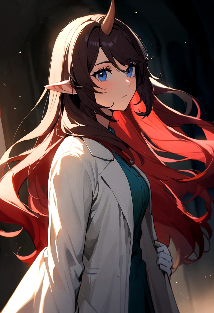 1dirl, white lab coat, lab coat, white glove, dark hair, red hair, long hair, blue Eyes, elf ears, small horn