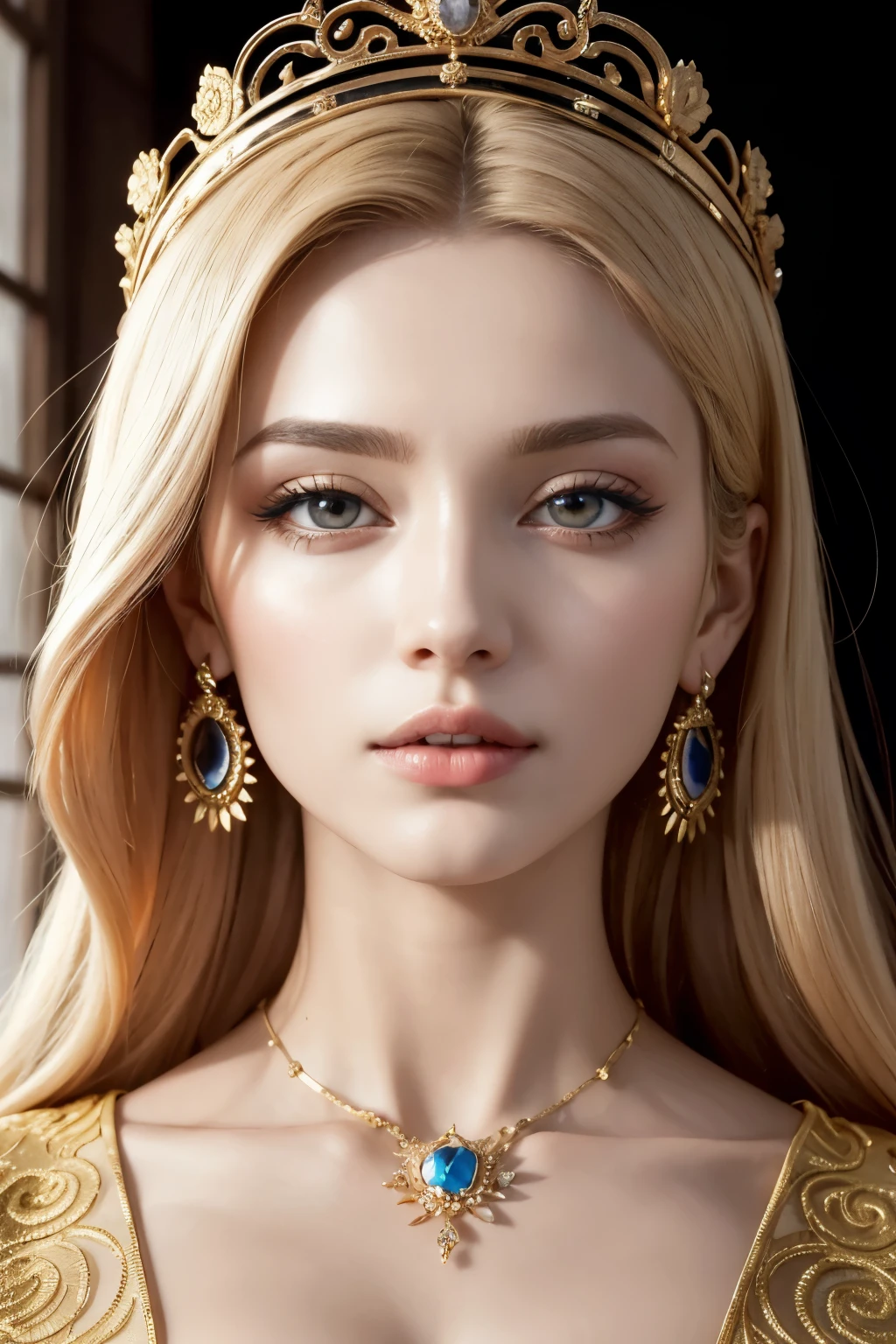absurdrez, ultra detali, high qualiy, work of art, face detailed, gorgeous eyes(detailedeyes), greek mithology, goddess, hera , the queen of the gods, impressive and captivating, features are classically beautiful, with high cheekbones, a face of perfect proportions, eyes portrayed as large and captivating, keep an intense gaze, golden hair , Gole hair is lush and flowing, cascading down the coast in waves,wearing elegant robes adorned with intricate patterns ,Your beauty is not only superficial, but embodies the essence of power, autoridade, and royalty.