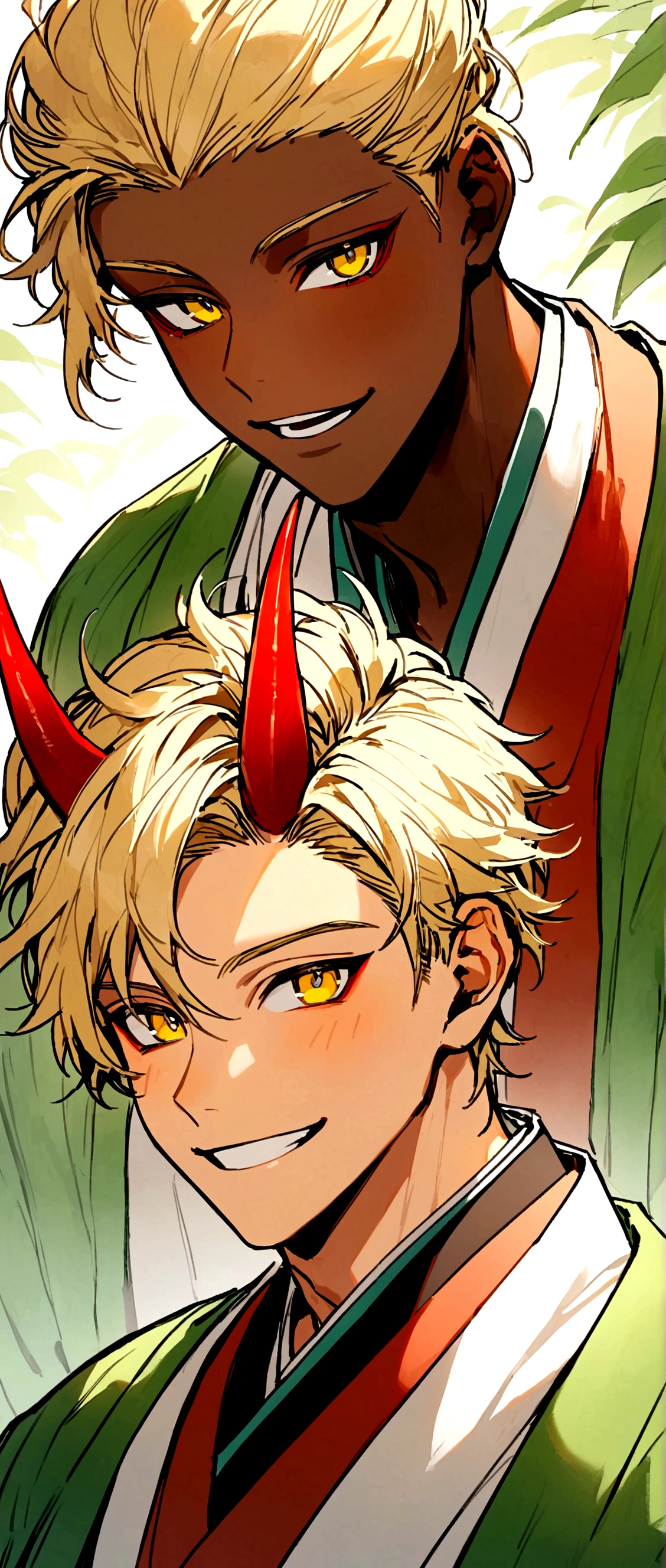 Beautiful young man with blond hair and dark skin, Young Man,1 male,20-year-old, Yellow Eyes, A single red horn grows from the right side of its head.....,The horn has three bamboo-like nodes..., Wearing traditional Korean clothing, Smiling with a happy look.