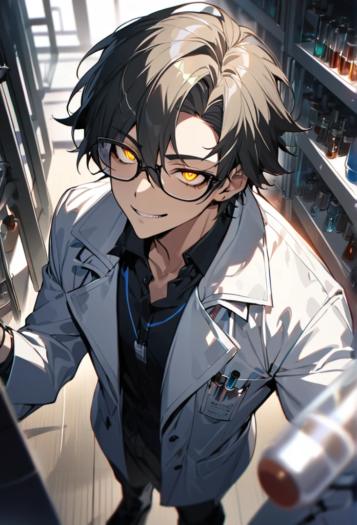 (masterpiece, best quality), detailed face, solo, 1man, messy short hair, bishounen, mad scientist, scientist coat, glasses, lens flare, maniacal smile, sharp eyes, glowing eyes, holding science test tube, perspective from above, in laboratory, dark shadows, contrast, science