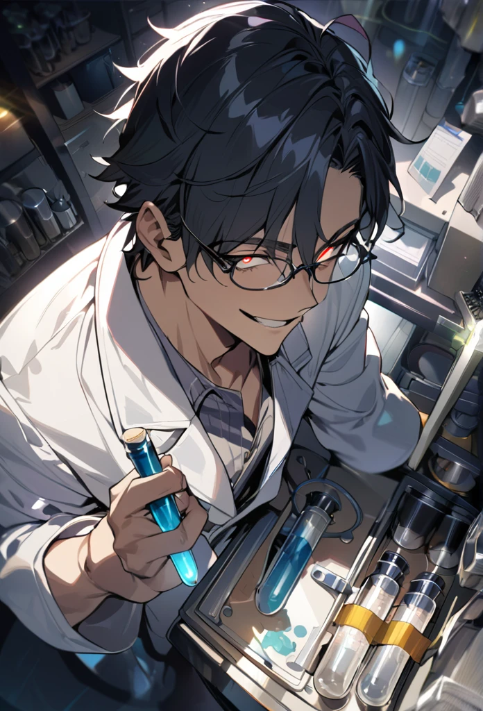 (masterpiece, best quality), detailed face, solo, 1man, messy short hair, bishounen, mad scientist, scientist coat, glasses, lens flare, maniacal smile, sharp eyes, glowing eyes, holding science test tube, perspective from above, in laboratory, dark shadows, contrast, science
