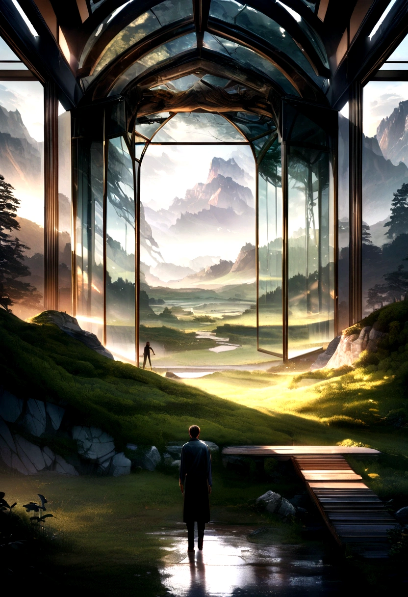 (Raw work) (Ultra-realistic) Glass House, Wide landscape, Boy and couple fantasy style