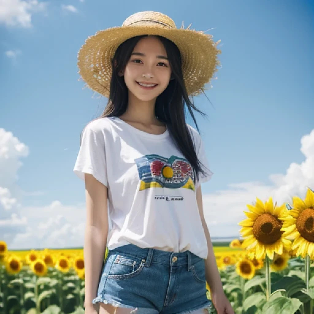Japanese、18 year old girl、Very slim、((Smiling))、T-Shirts、Shorts、upright、Straw hat、Blue sky、White cloud、sunflower
