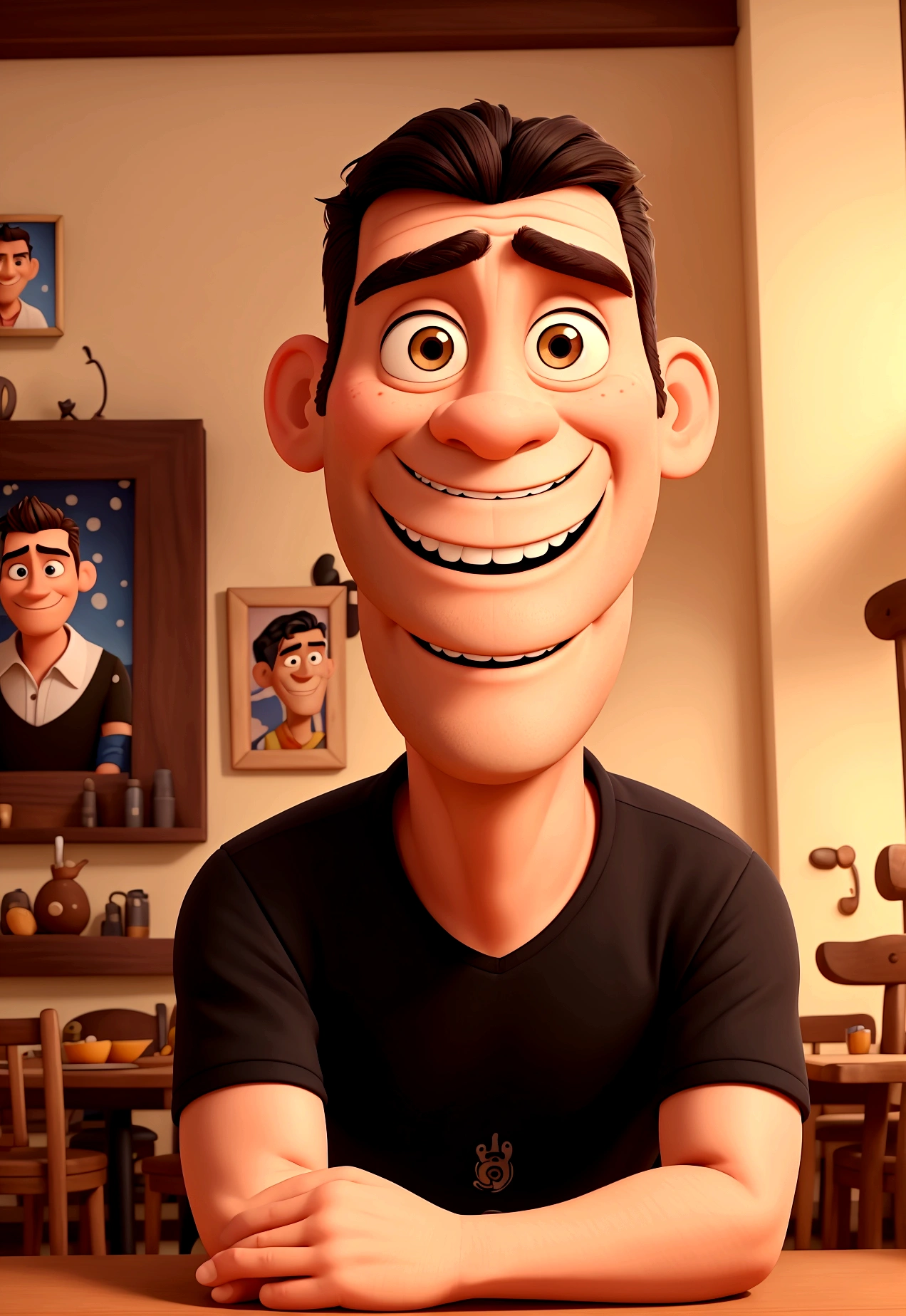 Disney Pixar style drawing of a man with a normal physique, 55 years old, smiling with teeth showing in black shirt, with very short black hair, without any accessories on the face, Tired eyes, wide face and wide eyebrows, very short beard, sitting on a chair in a restaurant and in the background a painting saying &#39;Ricardo&#39;