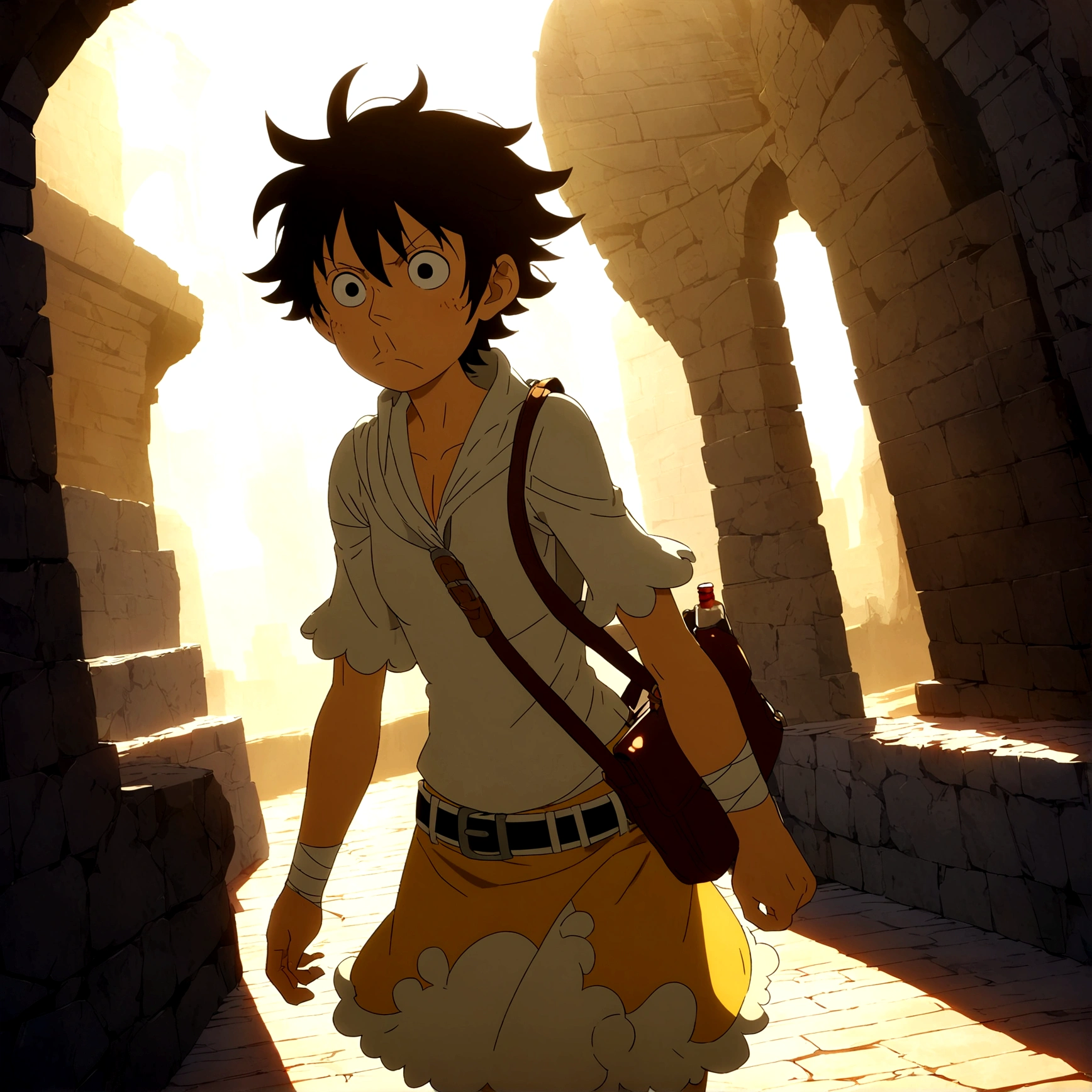 35 year old small human, unkempt appearance, , messy hair, pointy nose, tired look due to drinking, hands wrapped in bandages, mengigo's clothes with a short tunic, carries a small leather bag attached to his belt with small bottles of liquor, "Anime design inspired by One Piece, filled with dramatic and impressive lighting, infused with creative details, ultra-fine 2D design, scenery bathed in creativity, boasting 2D anime resolution clarity, HD anime graphics, high-octane rendering"