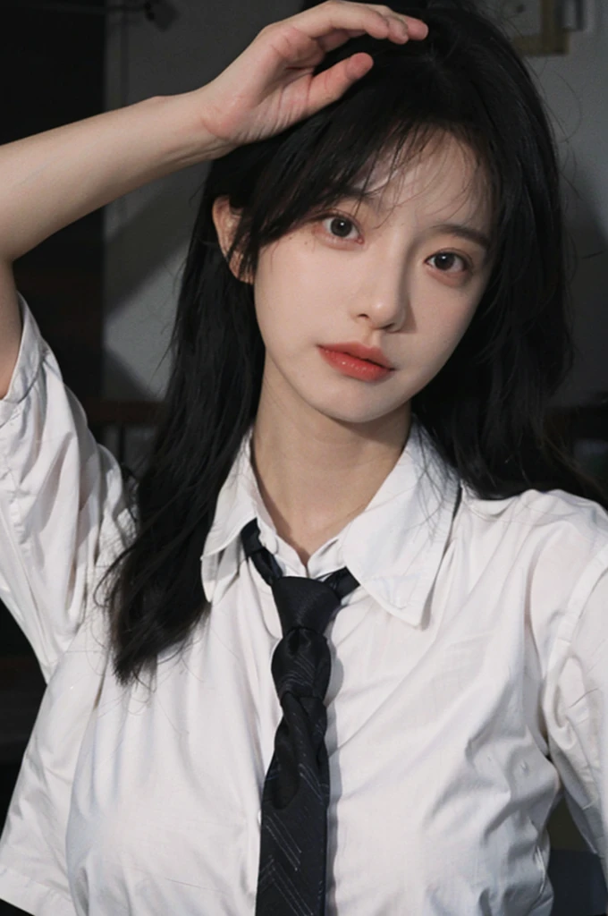 Best quality,masterpiece,ultra high res,(photorealistic:1.4),1girl,sexy,(shirt and tie:1.2),(large breast:1.3),(upper body:1.4)