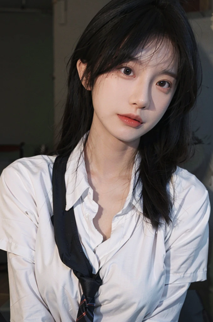 Best quality,masterpiece,ultra high res,(photorealistic:1.4),1girl,sexy,(shirt and tie:1.2),(large breast:1.3),(upper body:1.4)