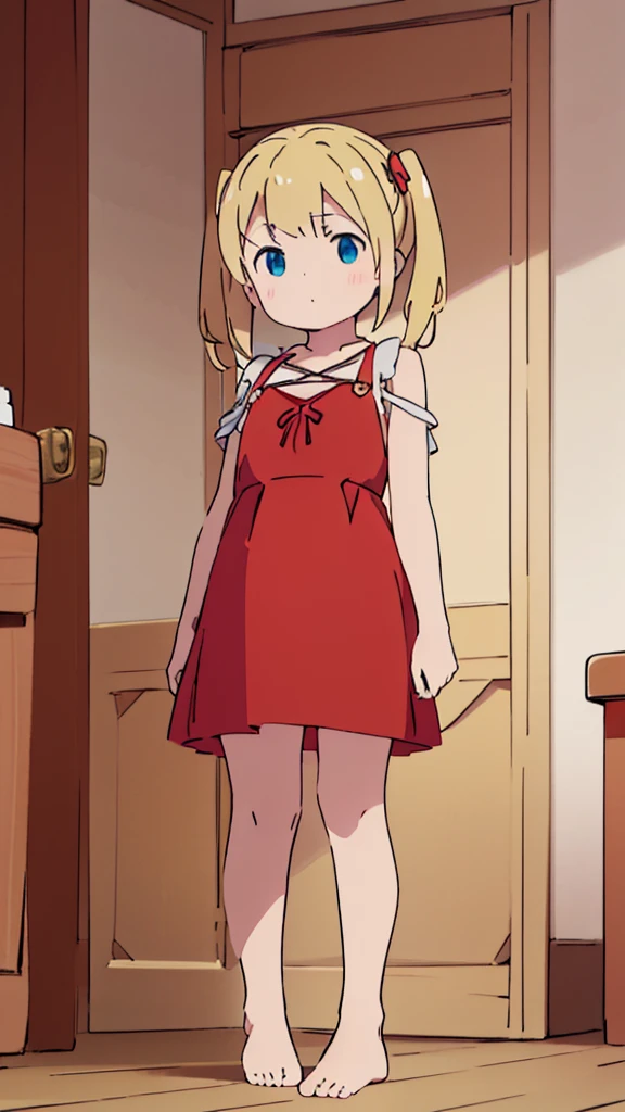 ((masterpiece))((Highest quality))Standing upright、Blonde、Shoulder-length twin tails、(So that your whole body can be seen)、Directly in front、No background、(Put your feet on the ground)low length、、Flat Chest、Are thin、Red dress、