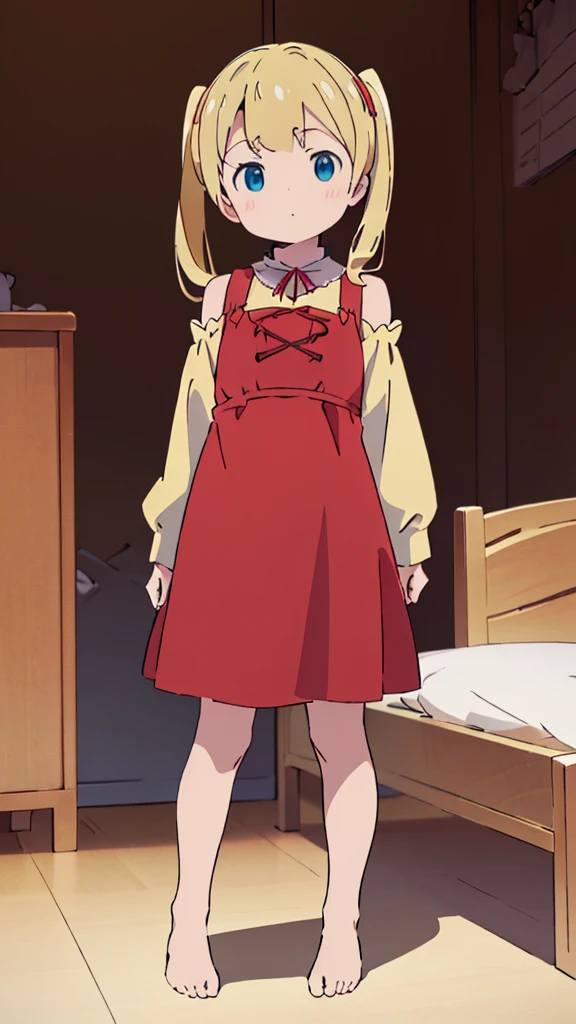 ((masterpiece))((Highest quality))Standing upright、Blonde、Shoulder-length twin tails、(So that your whole body can be seen)、Directly in front、No background、(Put your feet on the ground)low length、、Flat Chest、Are thin、Red dress、