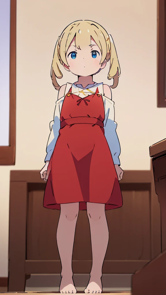 ((masterpiece))((Highest quality))Standing upright、Blonde、Shoulder-length twin tails、(So that your whole body can be seen)、Directly in front、No background、(Put your feet on the ground)low length、、Flat Chest、Are thin、Red dress、