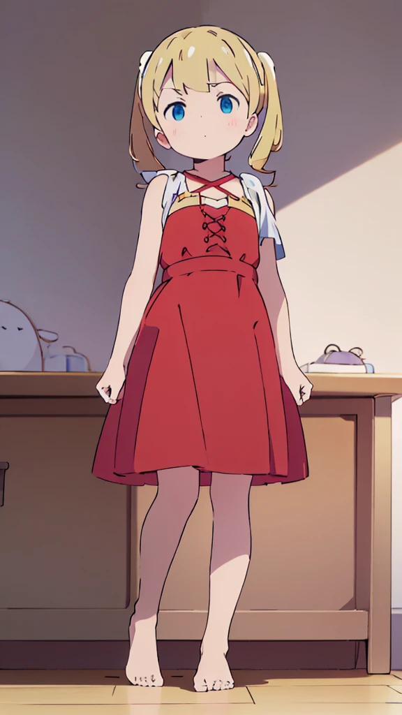 ((masterpiece))((Highest quality))Standing upright、Blonde、Shoulder-length twin tails、(So that your whole body can be seen)、Directly in front、No background、(Put your feet on the ground)low length、、Flat Chest、Are thin、Red dress、