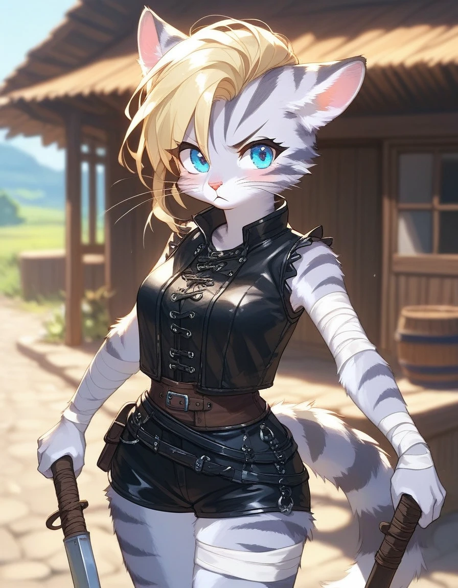 Solo, score_9,score_8_up,score_7_up, source_cartoon, kemono style, kat, Anthro furry feline, female, tall slender body, long blonde hair, long undercut hair, pink nose, blue eyes, white whiskers, silver fur, grey stripes, furry body, wearing black cloth vest, black leather medieval vest, black short shorts, adventuring gear, feet wrapped in bandages, outdoors, standing, pouting