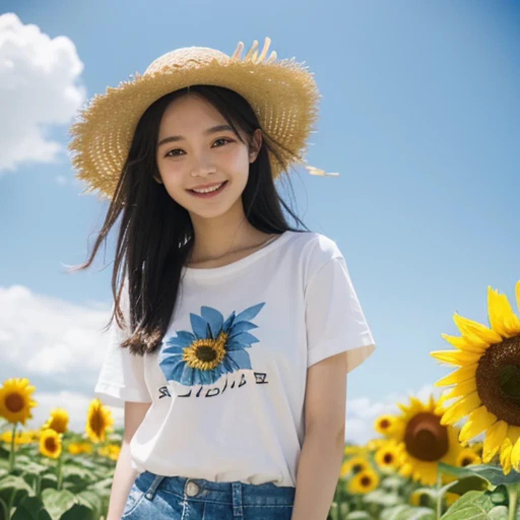 Japanese、18 year old girl、Very slim、((Smiling))、T-Shirts、Shorts、upright、Straw hat、Blue sky、White cloud、sunflower