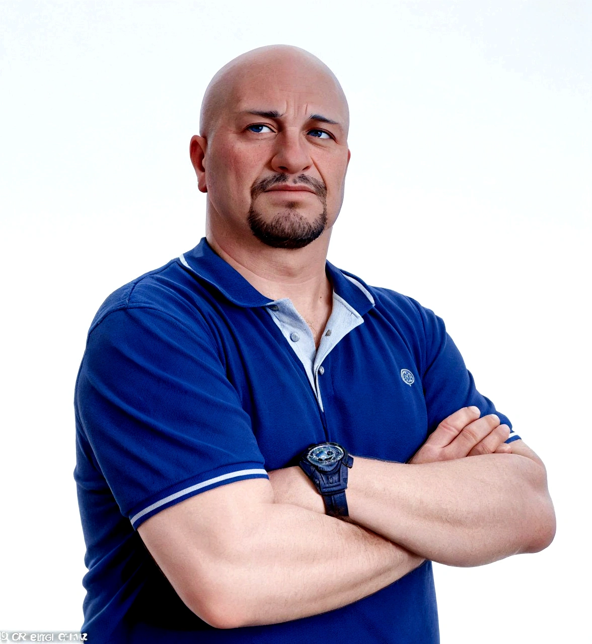 Gorgeous Man, stark, slow down, bald and blue shirt, Portrait photo.