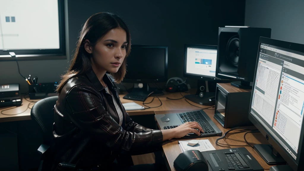 a woman at a desk with a computer, modem labeled "Tim Fibra", detailed computer, detailed desk, modem, detailed woman giving technical support, cinematic lighting, 8k, high quality, digital art, photorealistic, 3D render, intricate details, sharp focus, studio lighting