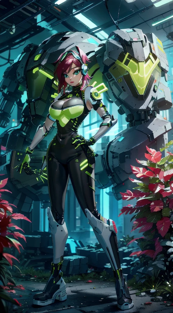 future, neon, tech Valkyrie, technology bodysuit,tech boots, tech gloves, tech headphones, cleavage, fullbody dynamic sexy pose, Tech futuristic armor. 