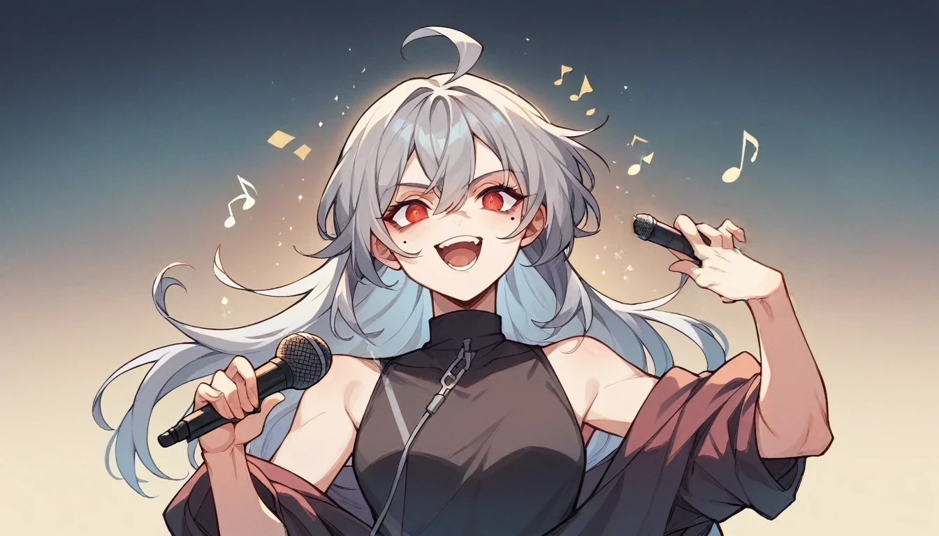 1 teen girl character。Full body portrait、gray hair color、Glowing red eyes、Long Hair、There is a mole under the left eye、Singing with a microphone、On a transparent background、Depict people only。
