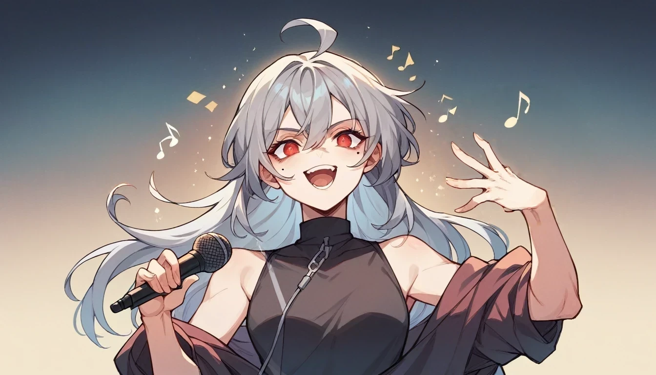 1  character。Full body portrait、gray hair color、Glowing red eyes、Long Hair、There is a mole under the left eye、Singing with a microphone、On a transparent background、Depict people only。