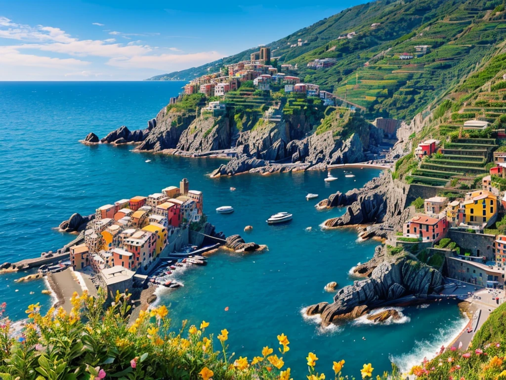 a beautiful view of Cinque terre in sunny day