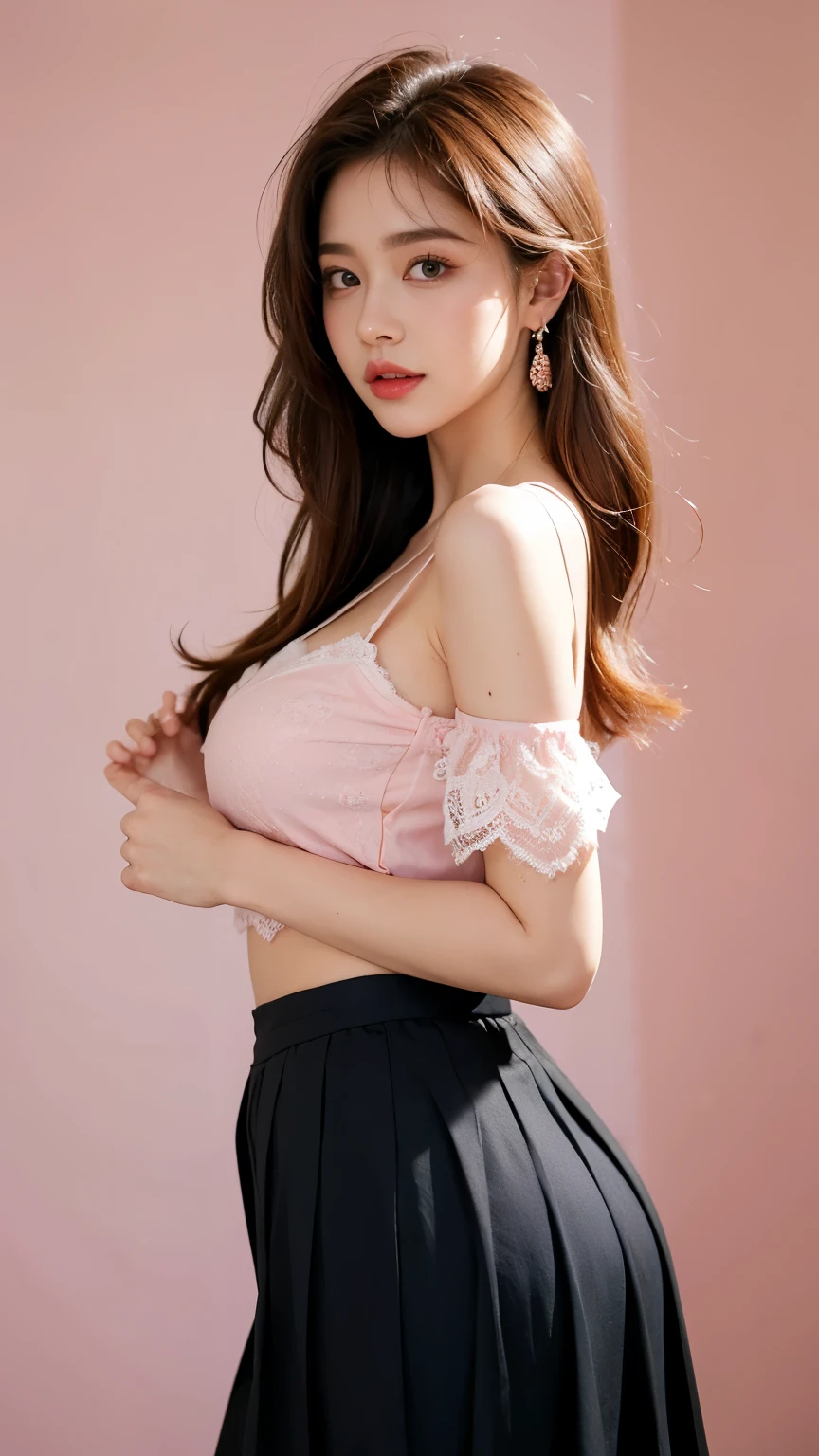 (A lace outfit with a wide open chest),(Wearing a sexy pink pastel-colored lace pajamas so thin that you can see your breasts.),((best quality, 8 thousand, masterpiece: 1.3)), ( Casual and cute hairstyle: 1.2), : 1.1, a charismatic face, detailed eyes, double eyelid, Earrings included, bedroom, light makeup,very angry,open shirt, white panties,Shooting from the side,black pleated skirt,