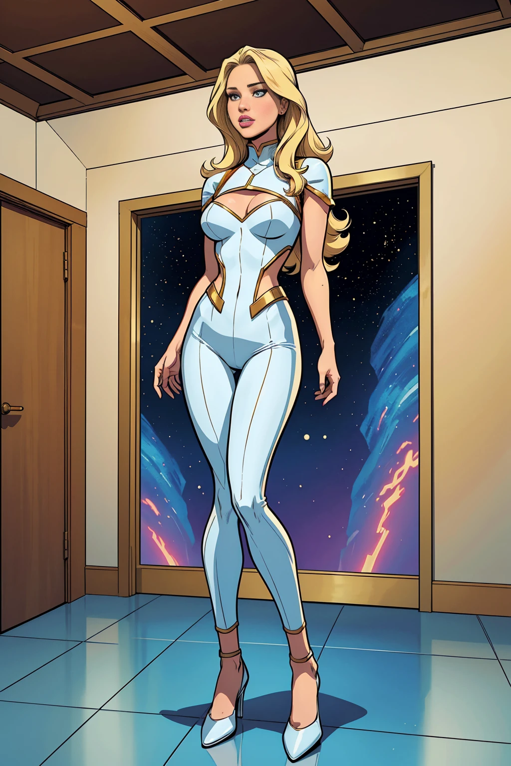 ((full body photo, standing, feet on the floor)) Comic Storyboard:1.8,Cartoon Comics,Comic Books:: Jennifer Lawrence,Selena Gomez(1 female) The full body of a 30-year-old blonde, Dressed in a beautiful capitana costume. ,In a futuristic house, marvel comics style, hyper HD, 24K UltraHD
